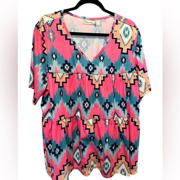 EUC Southern Stitch Pink Blue Aztec Print V Neck Tier Ruffle Blouse Top- Size XL - Picture 2 of 5